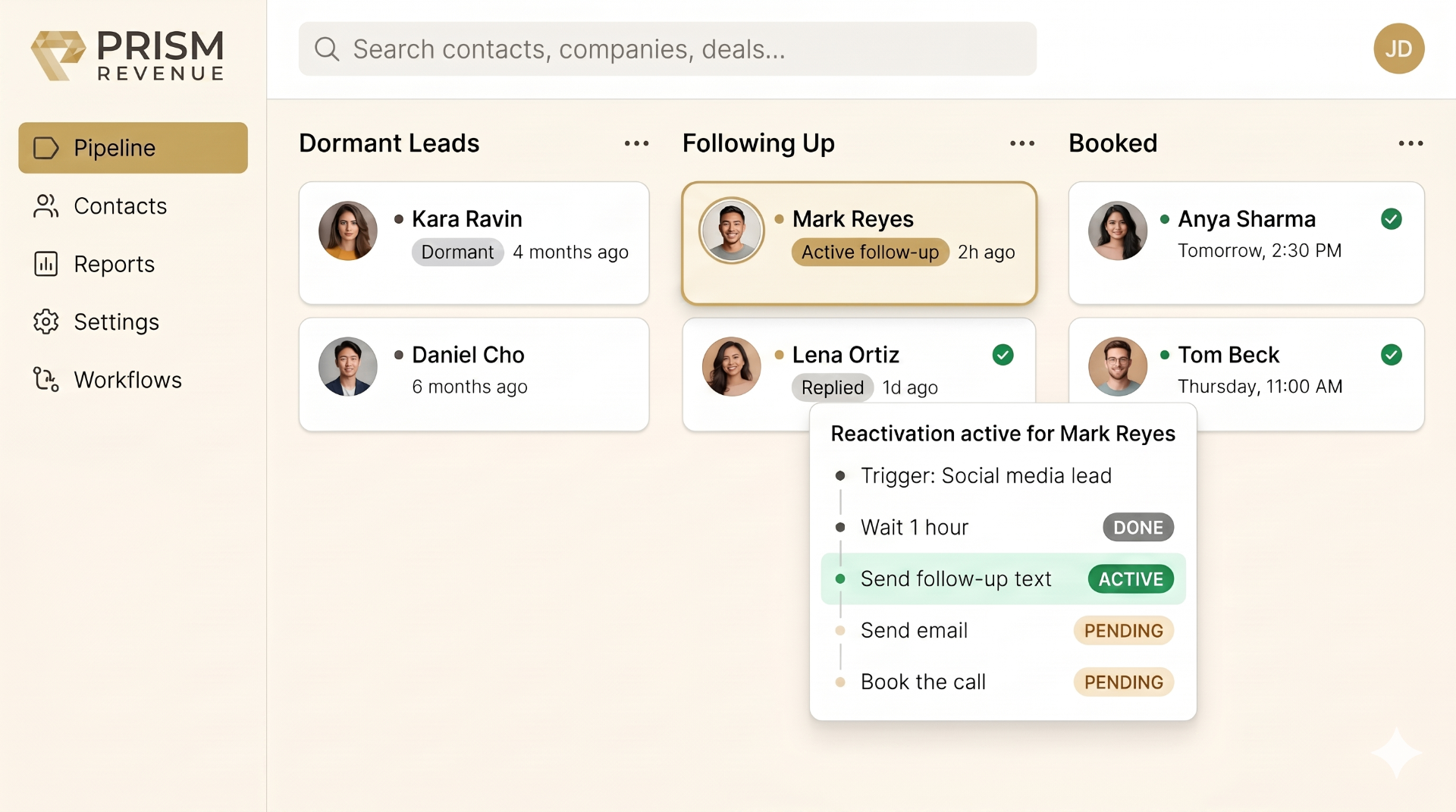 Prism Revenue pipeline dashboard showing dormant leads, follow-ups, and booked customers